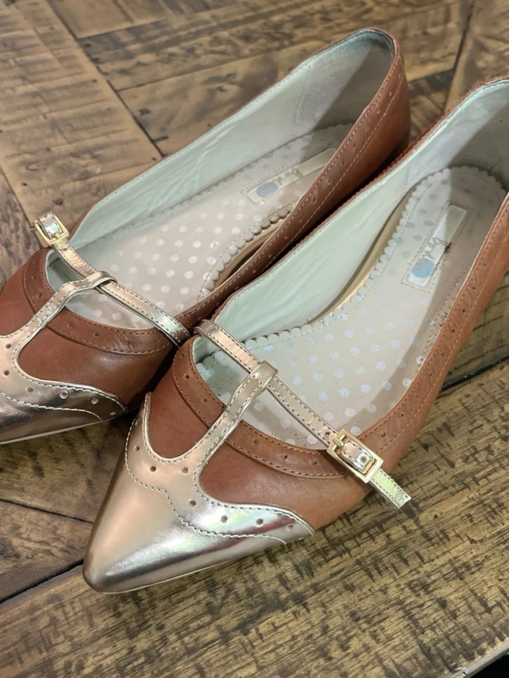 Boden Two-Tone Pointed Mary Jane Flats in Brown and Metallic Gold